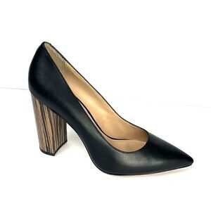 Pour La Victoire Black Leather Pointy Toe Pumps High Striped Block Heels sz 8,5